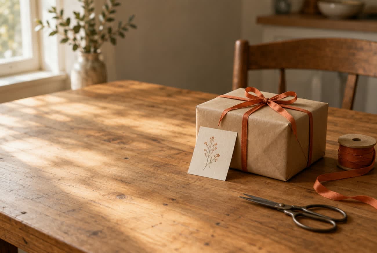 A wrapped gift with a terracotta ribbon on a wooden kitchen table